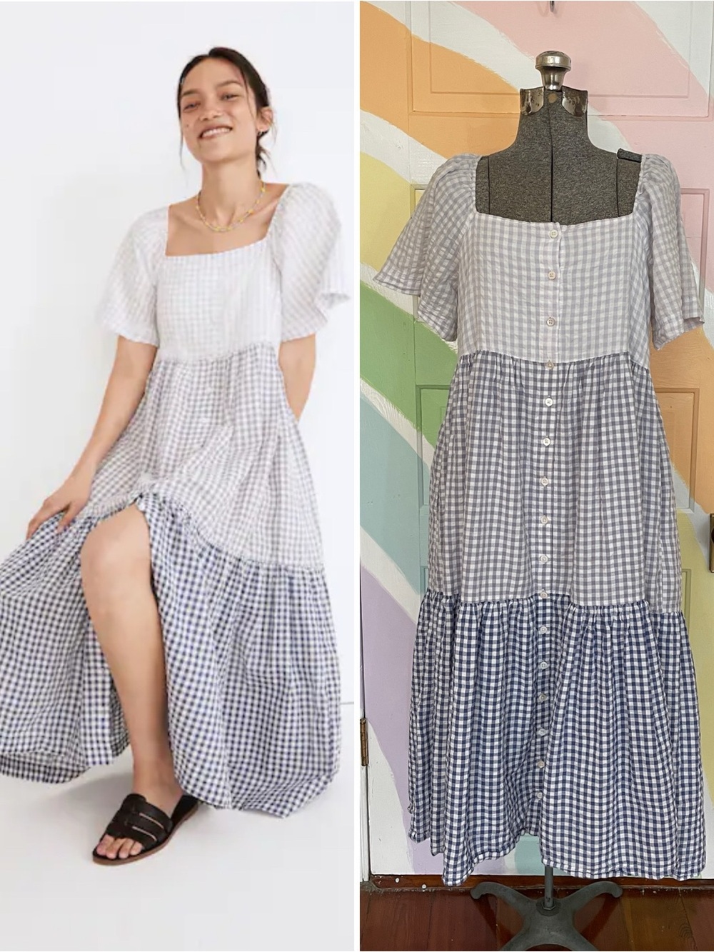 Madewell Patchwork Gingham Button-Front Tiered Cotton Midi Dress Sz S 🧡🎀